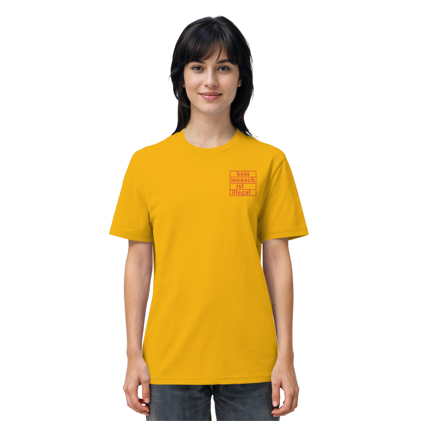 Kein Mensch ist illegal (Orange; kleiner Druck) - T-Shirt