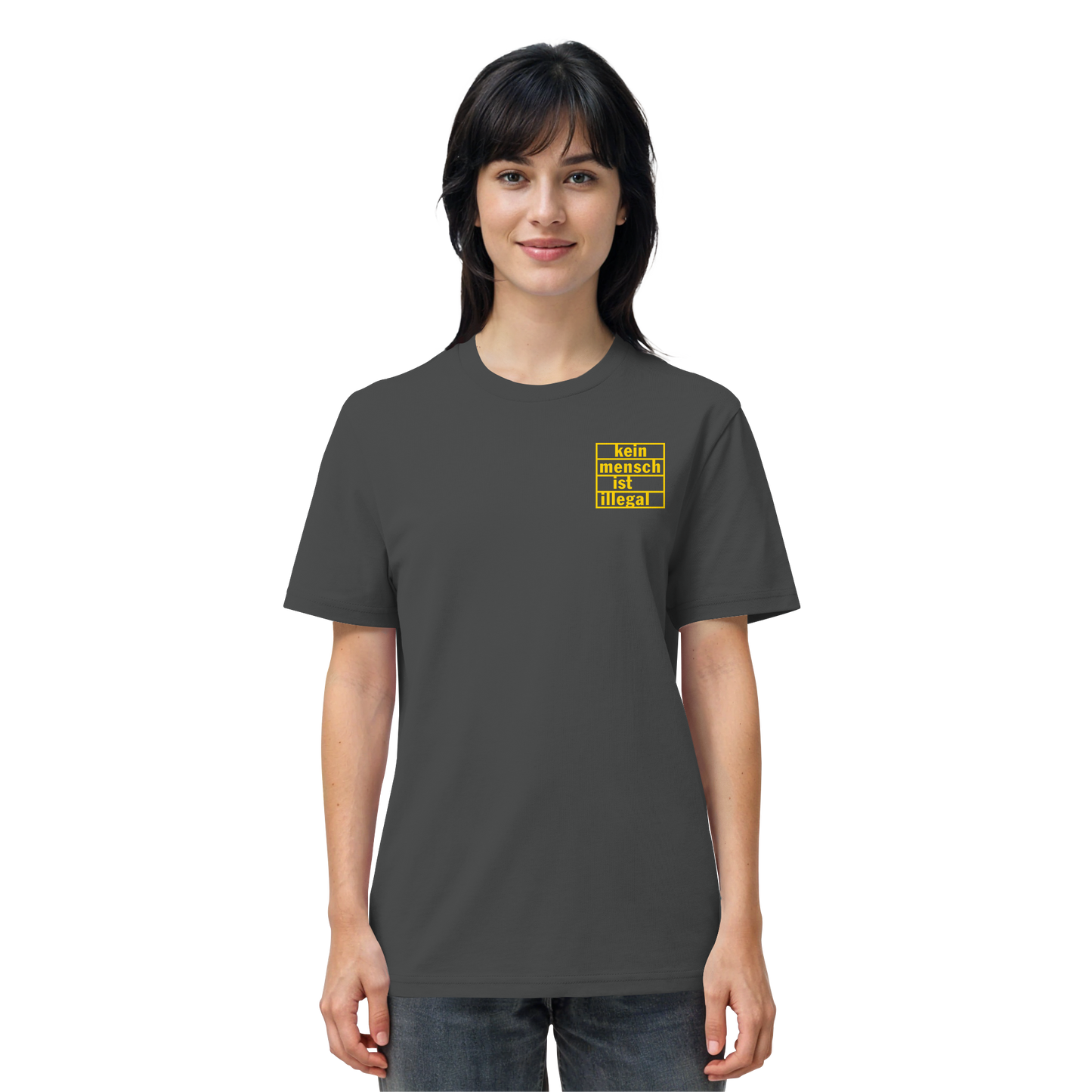 Kein Mensch ist illegal (Gelb; kleiner Druck) - T-Shirt