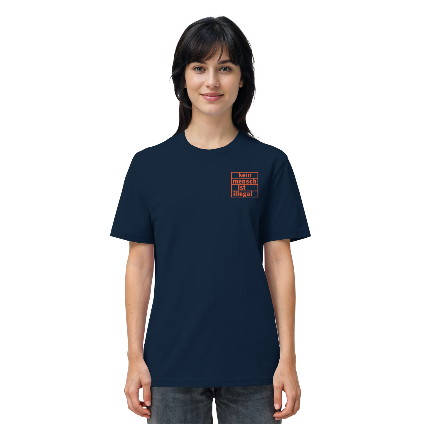Kein Mensch ist illegal (Orange; kleiner Druck) - T-Shirt