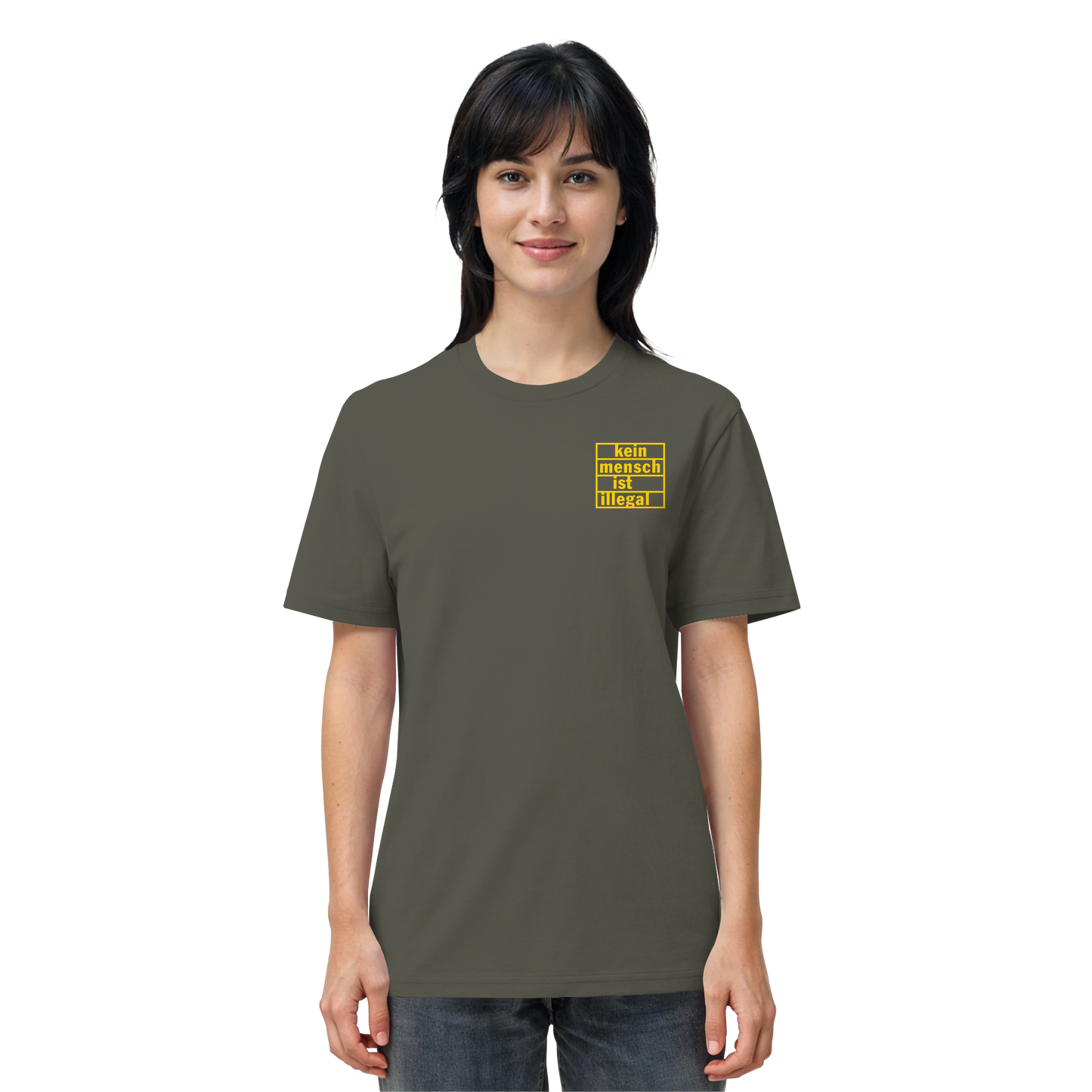 Kein Mensch ist illegal (Gelb; kleiner Druck) - T-Shirt