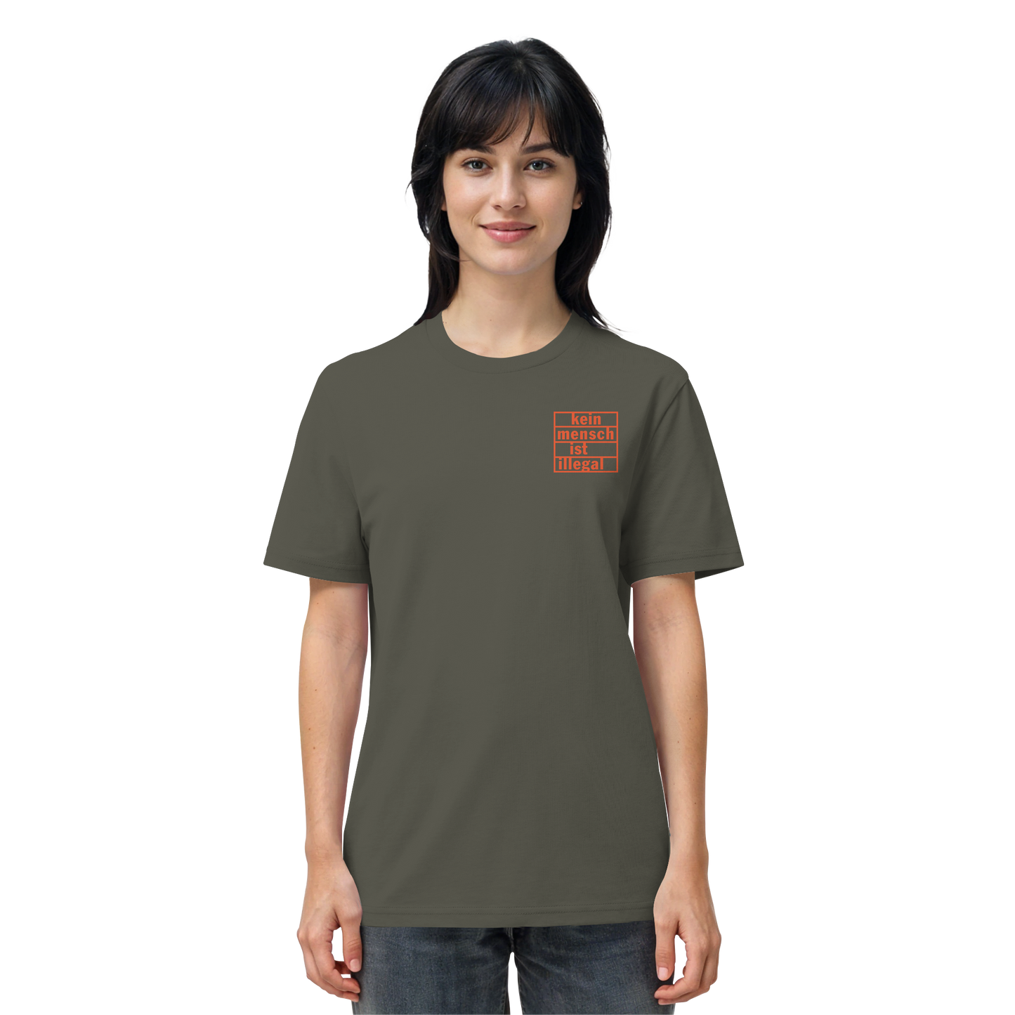 Kein Mensch ist illegal (Orange; kleiner Druck) - T-Shirt