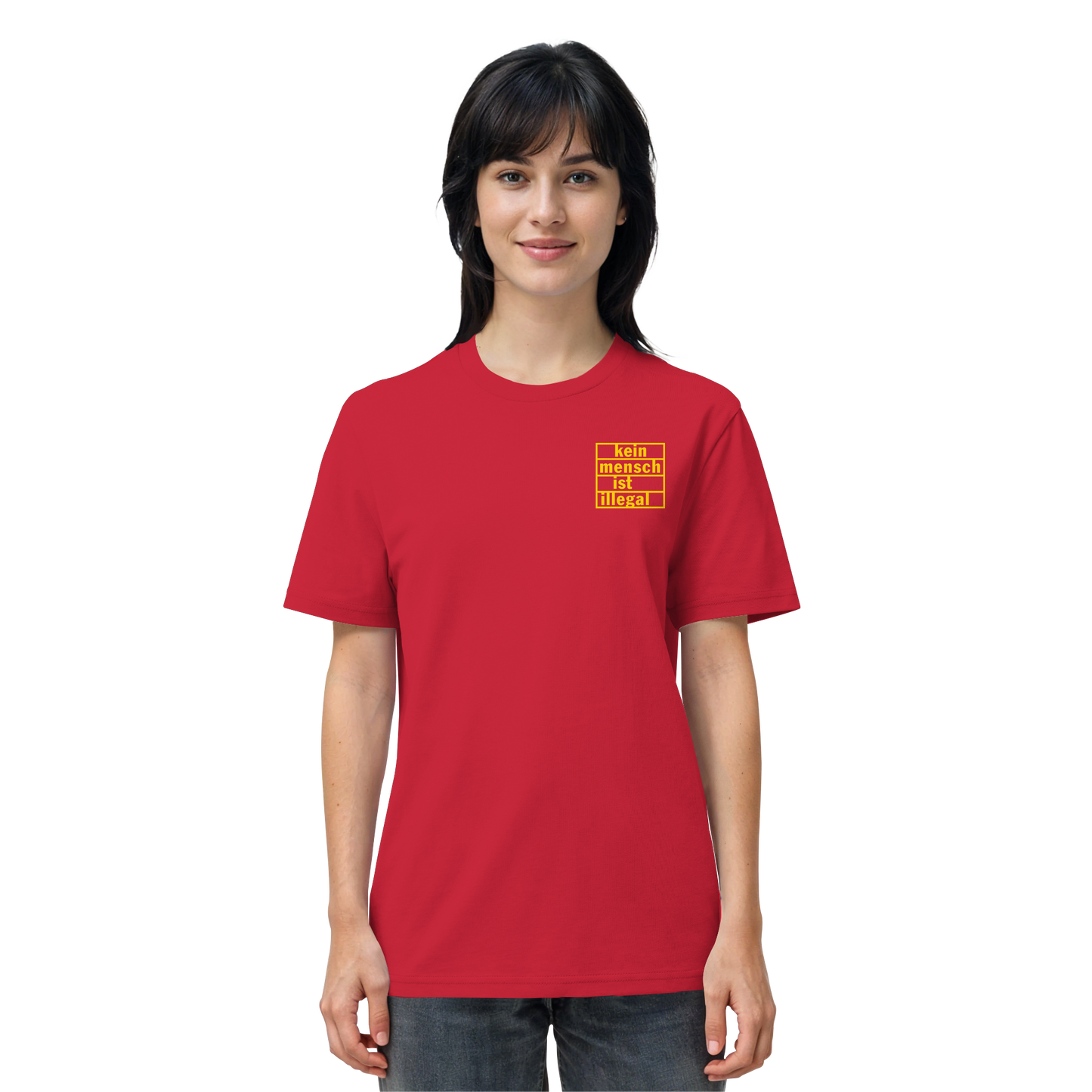 Kein Mensch ist illegal (Gelb; kleiner Druck) - T-Shirt
