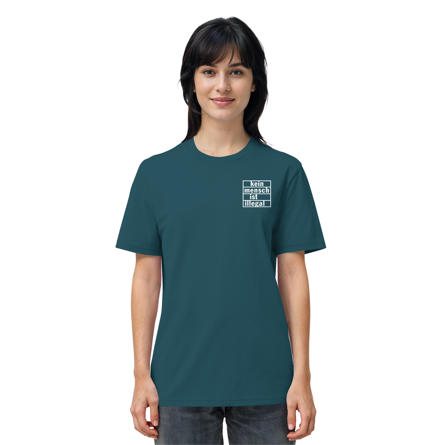 Kein Mensch ist illegal (Weiß; kleiner Druck) - T-Shirt