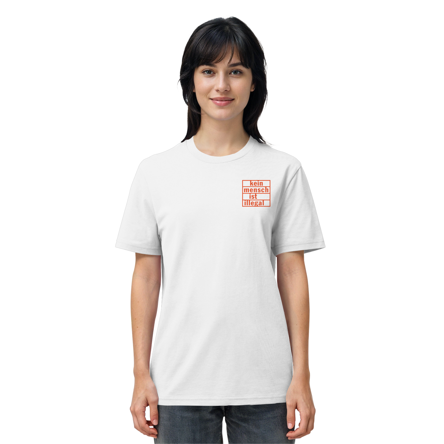 Kein Mensch ist illegal (Orange; kleiner Druck) - T-Shirt